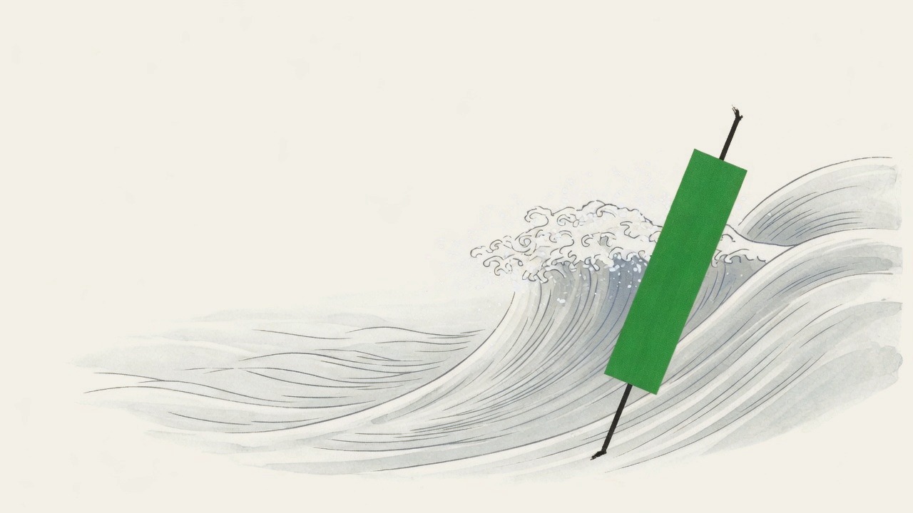 A green candlestick riding the face of a swell — the CandleSurf mark.